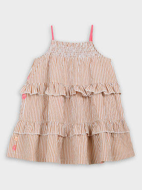 Peach Stripe Tiered Dress with Floral Embroidery