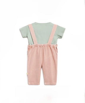 Pink Natural Dungaree With Green Tee