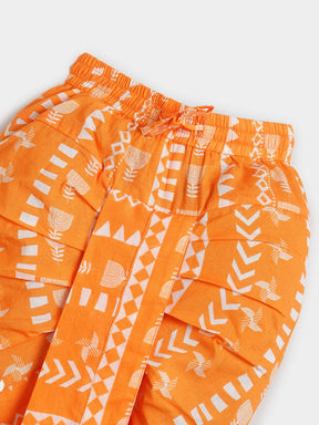 Orange Printed Kurta Dhoti Set