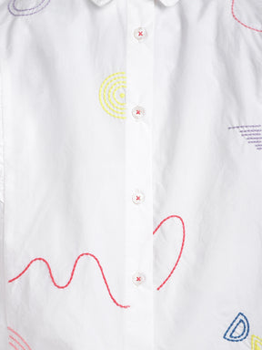 Ruffle Charm White Embroidered Cotton Shirt