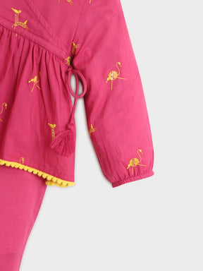 Pink Flamingo Embroidered Top & Pant Set