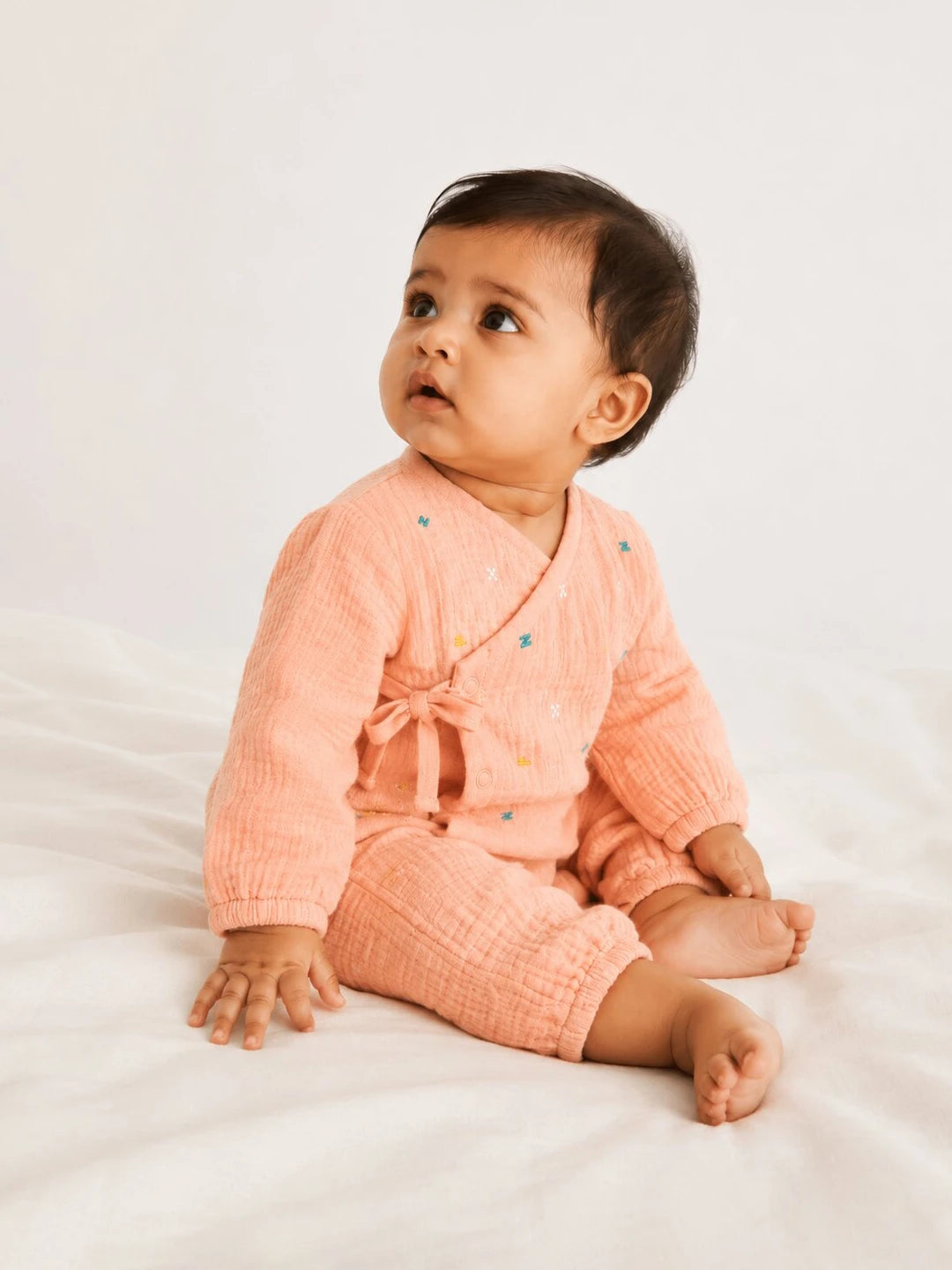 Embroidered Peach Muslin Jhabla Set