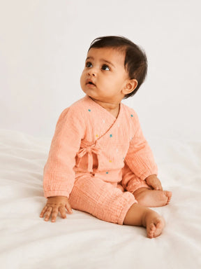 Embroidered Peach Muslin Jhabla Set