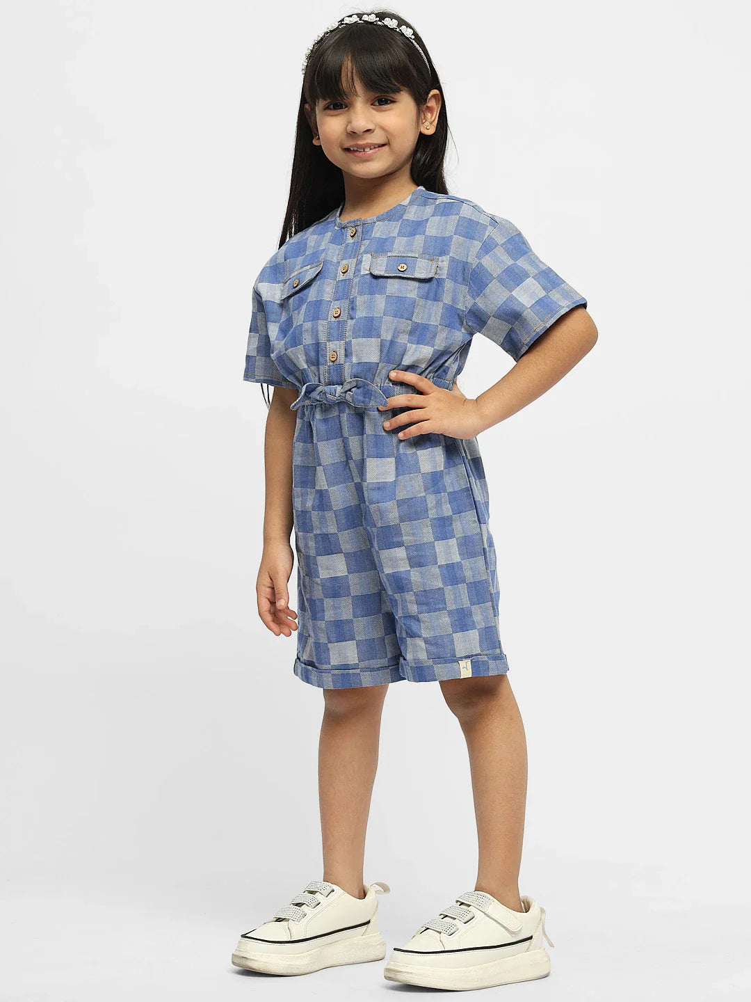 Hop Hop Checked Cotton Denim Romper