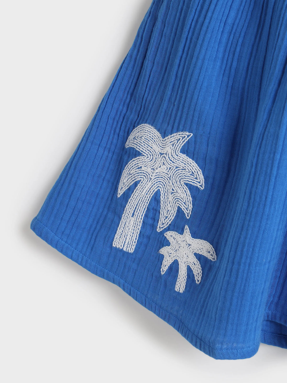 Girls’ Blue Palm Embroidered Flutter Sleeve Dress