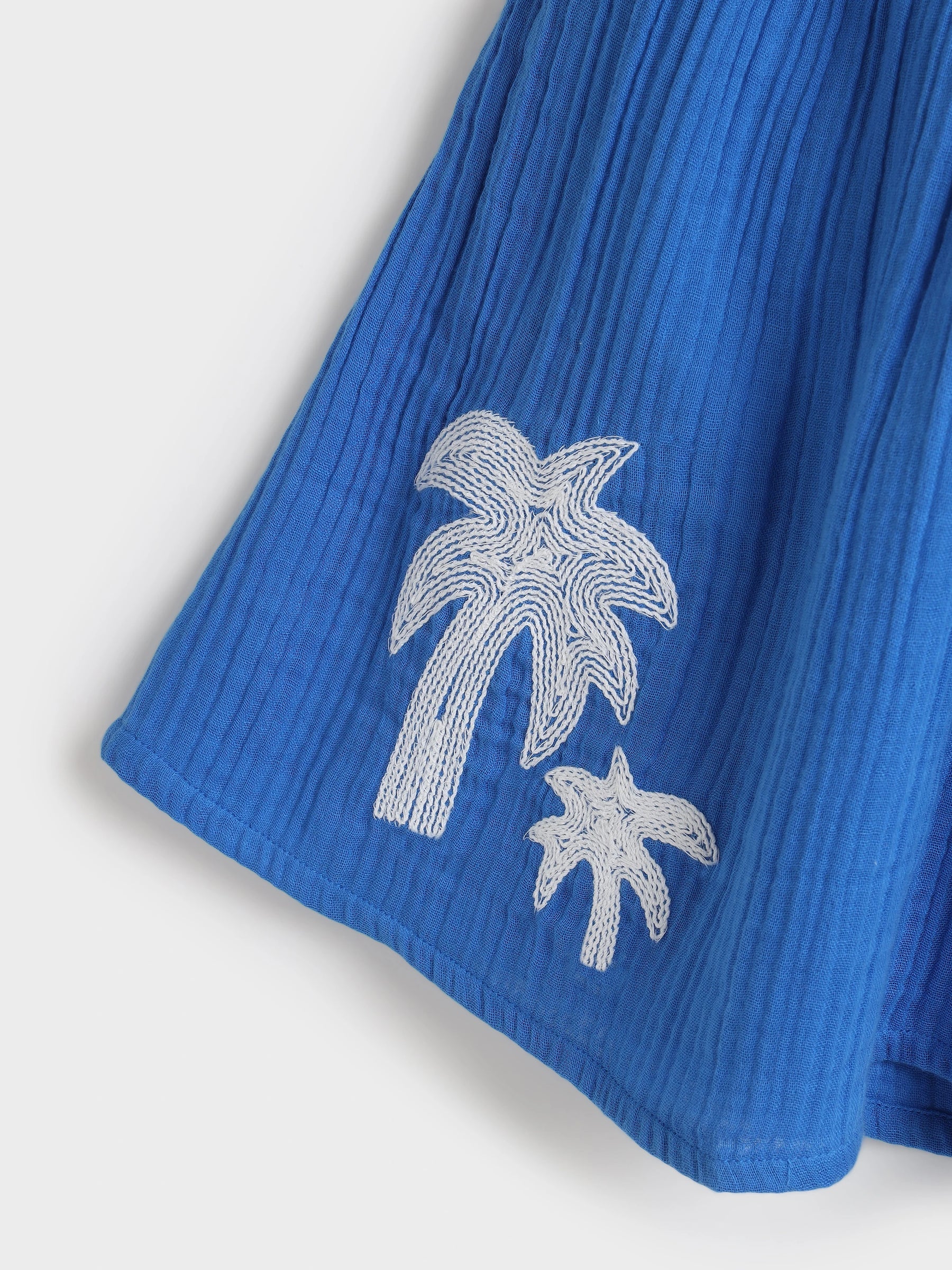 Blue Palm Embroidered Flutter Sleeve Dress
