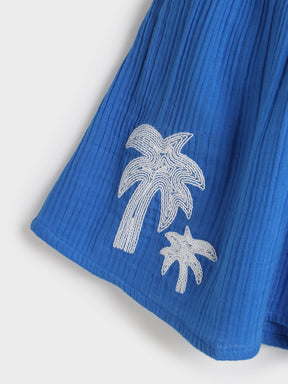 Blue Palm Embroidered Flutter Sleeve Dress