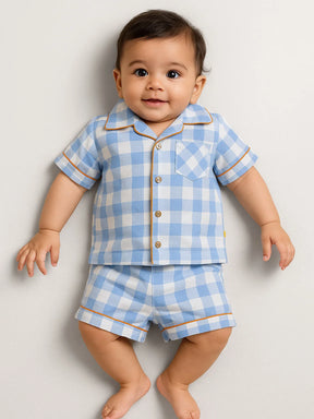 Ocean Gingham Cotton Shirt & Shorts Pyjama Set