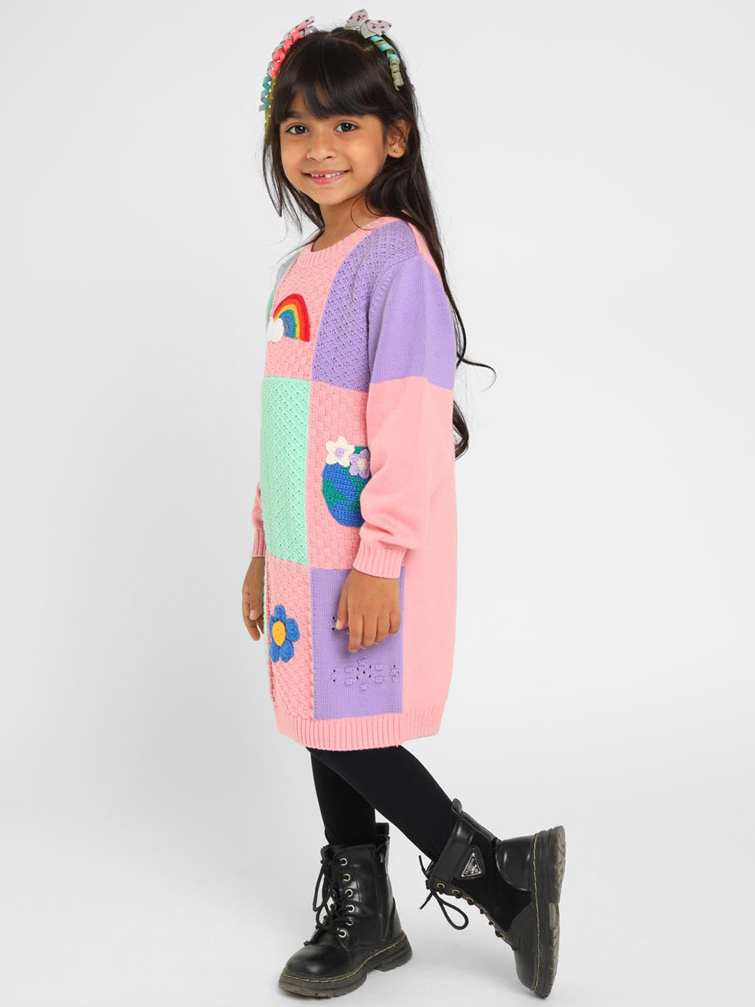 Color Patch Crocheted Sweater Dress