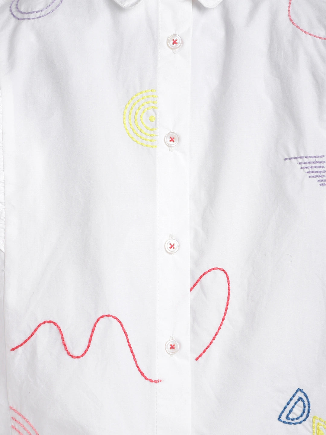 Ruffle Charm White Embroidered Cotton Shirt