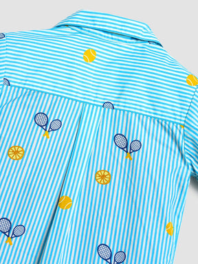 Boys Sky Blue Striped Tennis Print Shirt
