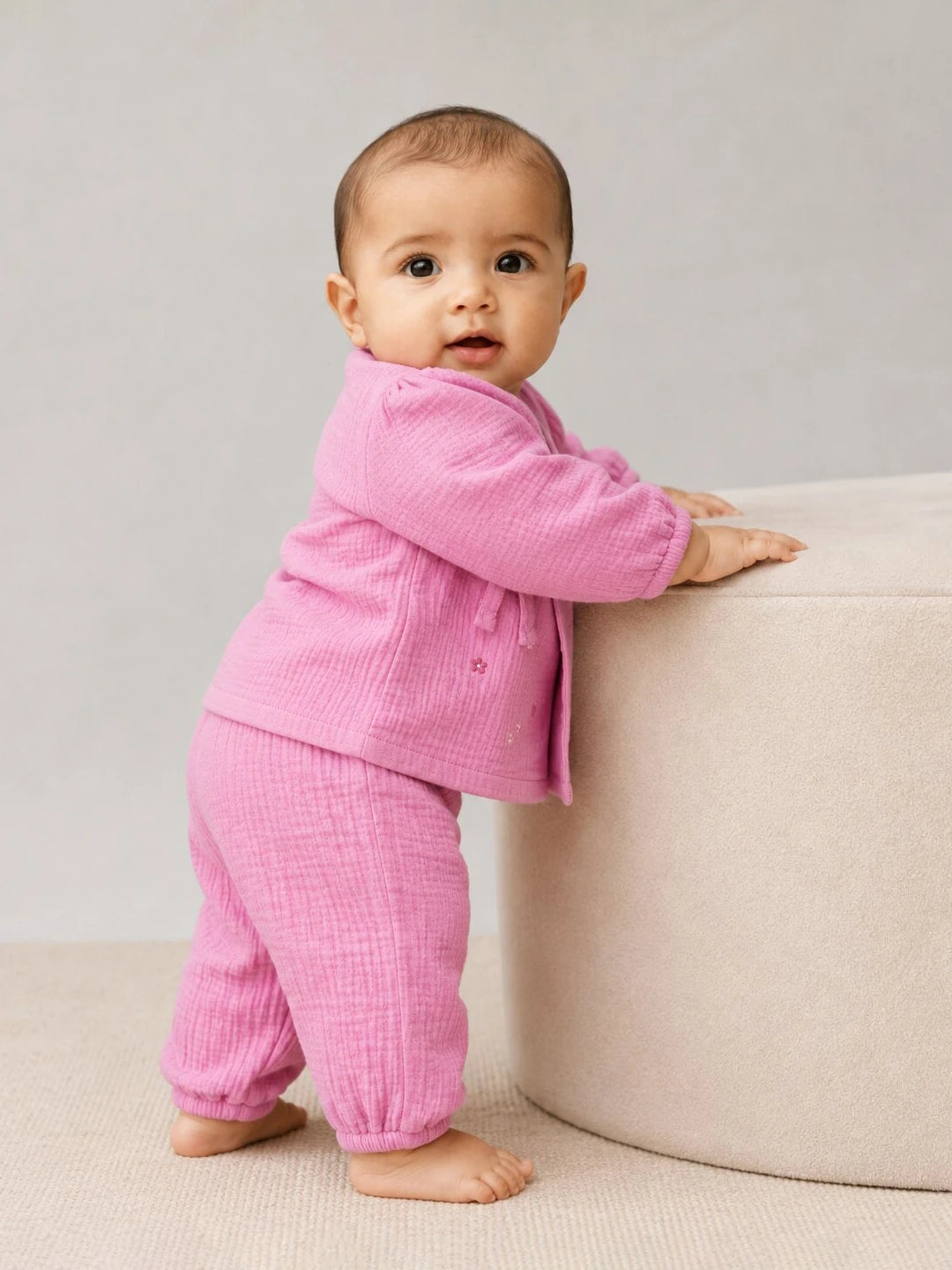 Embroidered Pink Muslin Jhabla Set