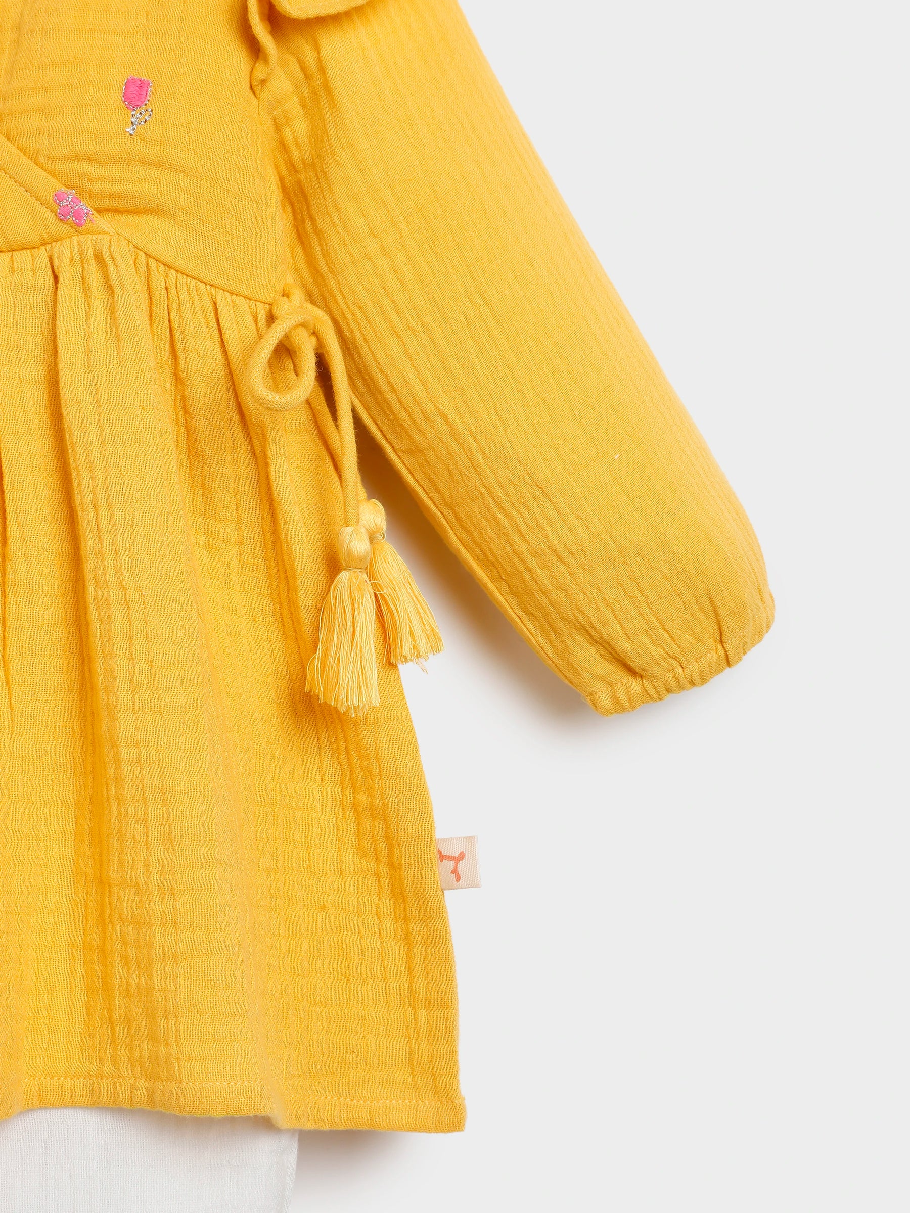 Yellow Embroidered Wrap Top Pant Set