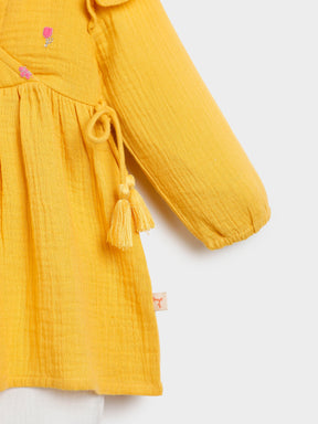Yellow Embroidered Wrap Top Pant Set