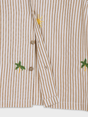 Beige Stripe Shirt & Shorts Boys Set with Palm Embroidery
