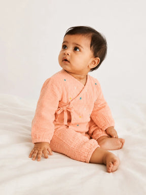 Embroidered Peach Muslin Jhabla Set