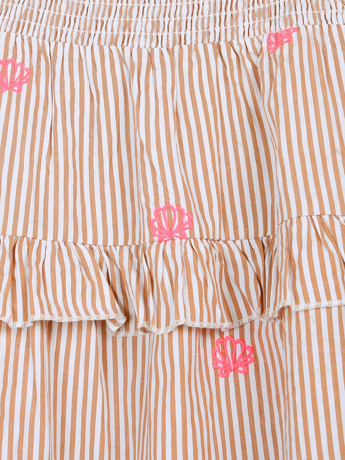 Peach Stripe Tiered Dress with Floral Embroidery