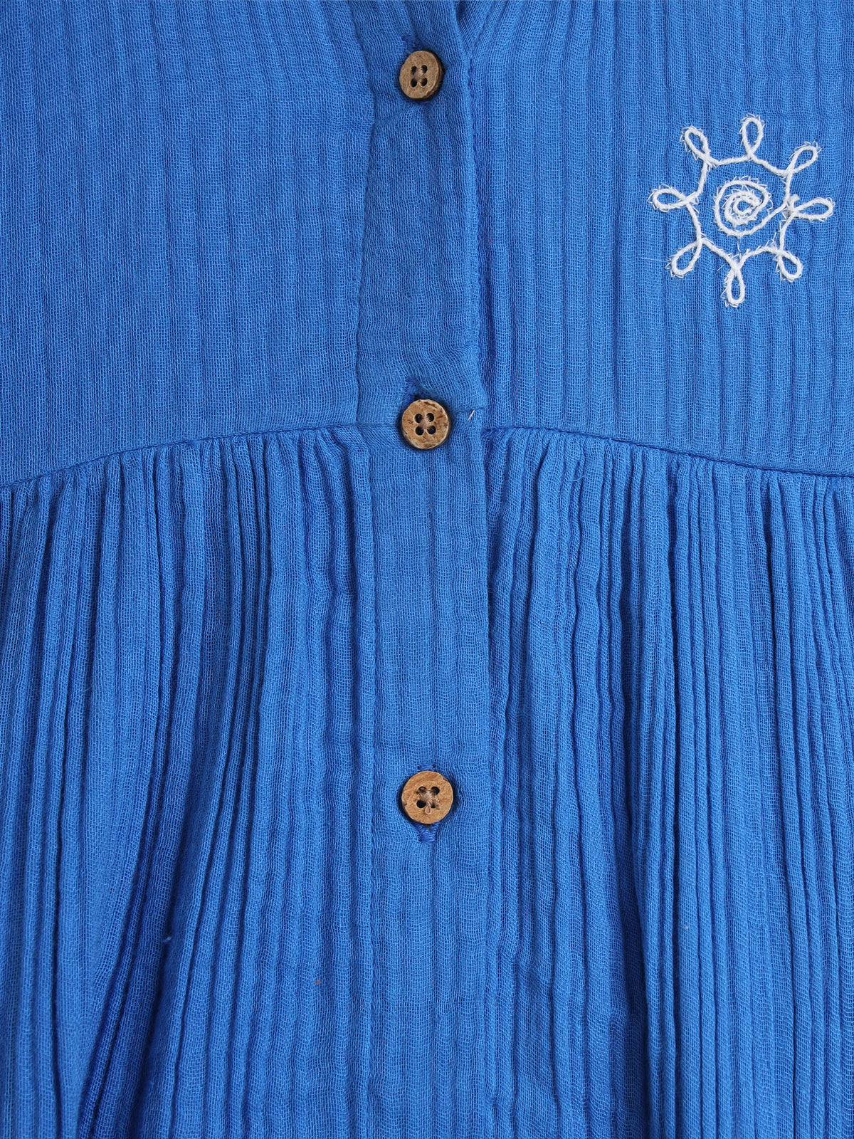 Girls’ Blue Palm Embroidered Flutter Sleeve Dress