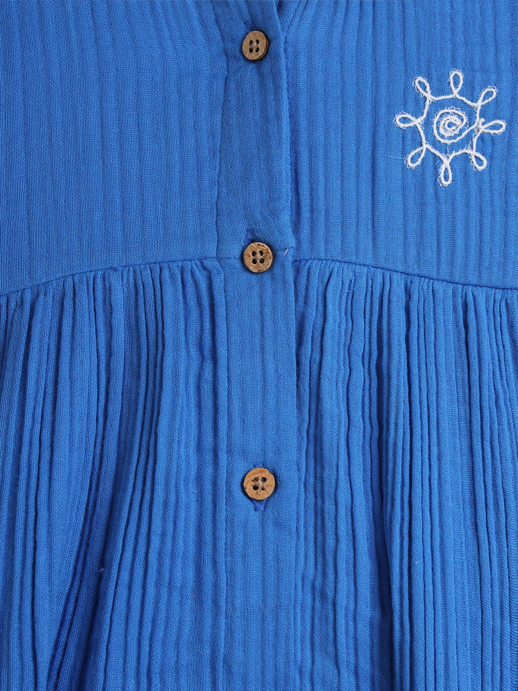 Blue Palm Embroidered Flutter Sleeve Dress
