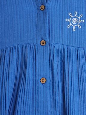 Blue Palm Embroidered Flutter Sleeve Dress