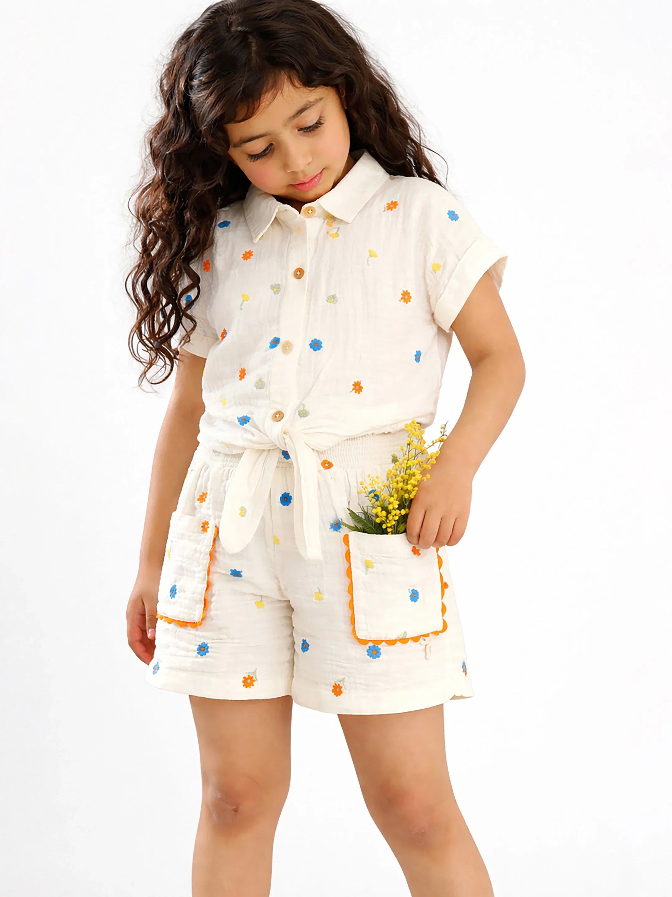 Floral Embroidered Cotton Tie Up Top & Shorts Set