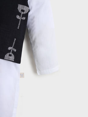 White Kurta Pajama With Black Jacket Set