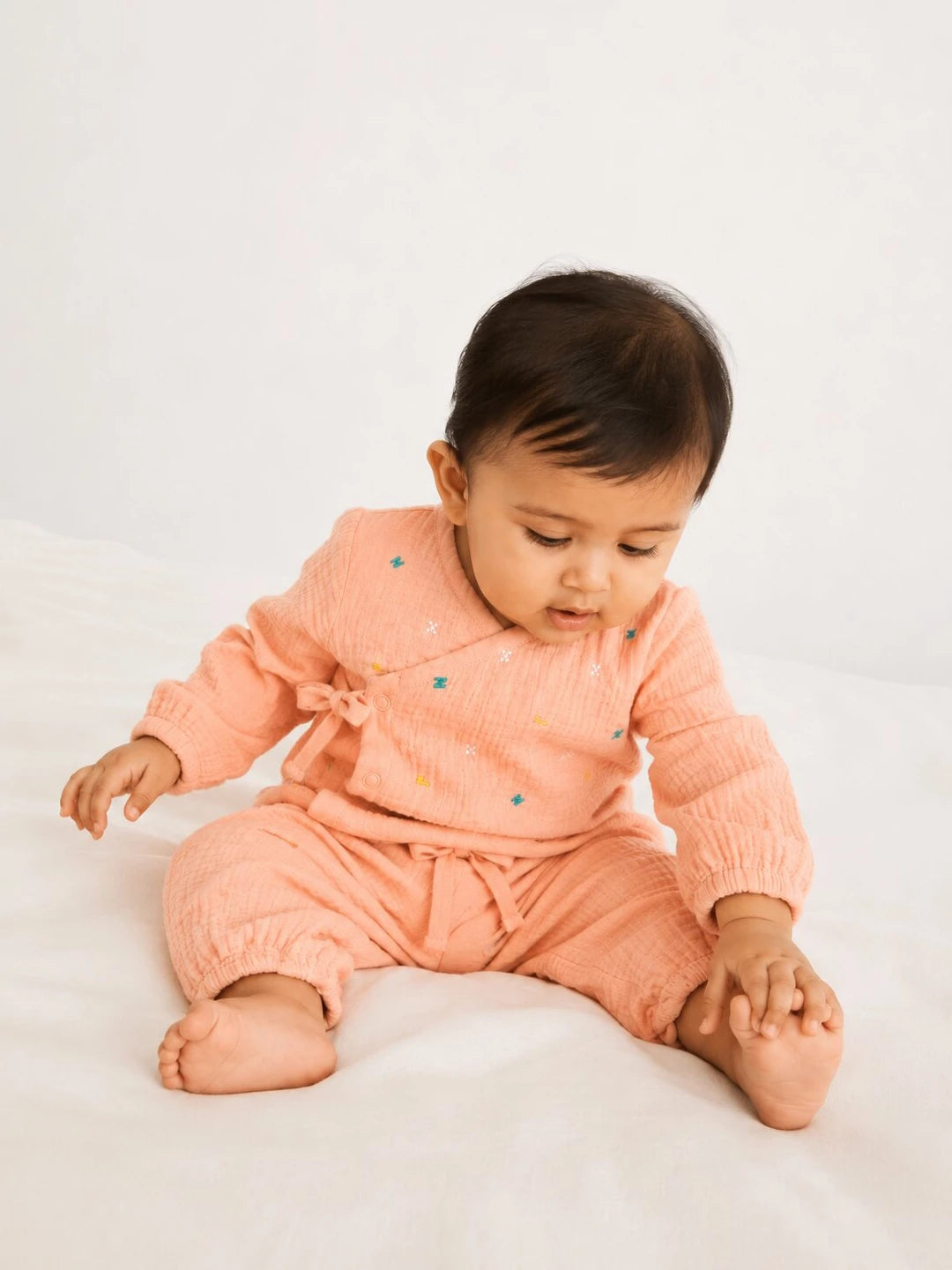 Embroidered Peach Muslin Jhabla Set