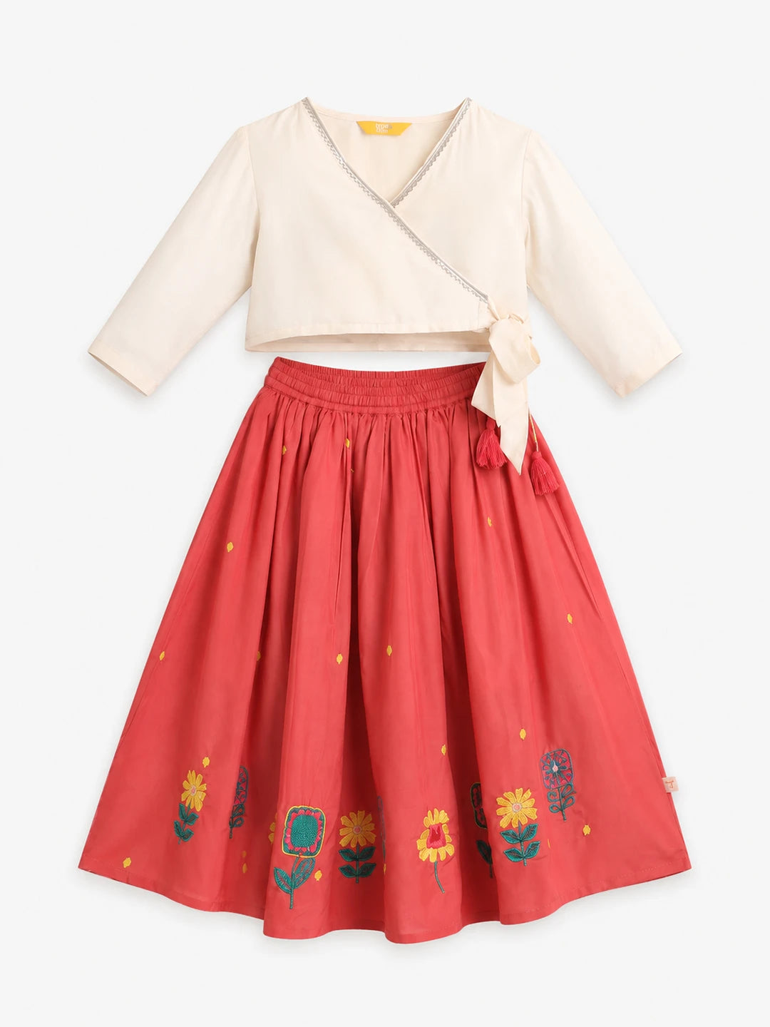 Embroidered Rayon Wrap Top Skirt Set