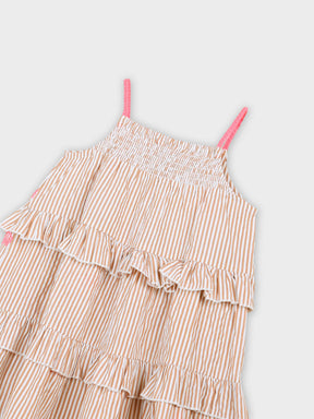 Peach Stripe Tiered Dress with Floral Embroidery