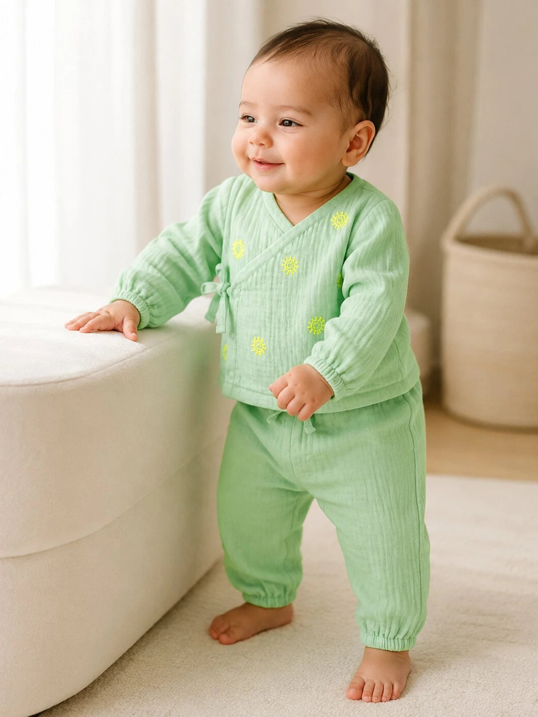 Embroidered Green Muslin Jhabla Set