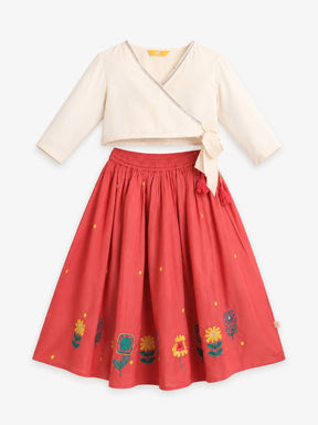 Embroidered Rayon Wrap Top Skirt Set