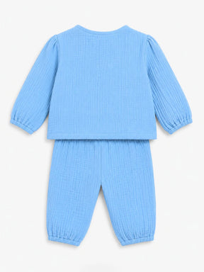Embroidered Blue Muslin Jhabla Set