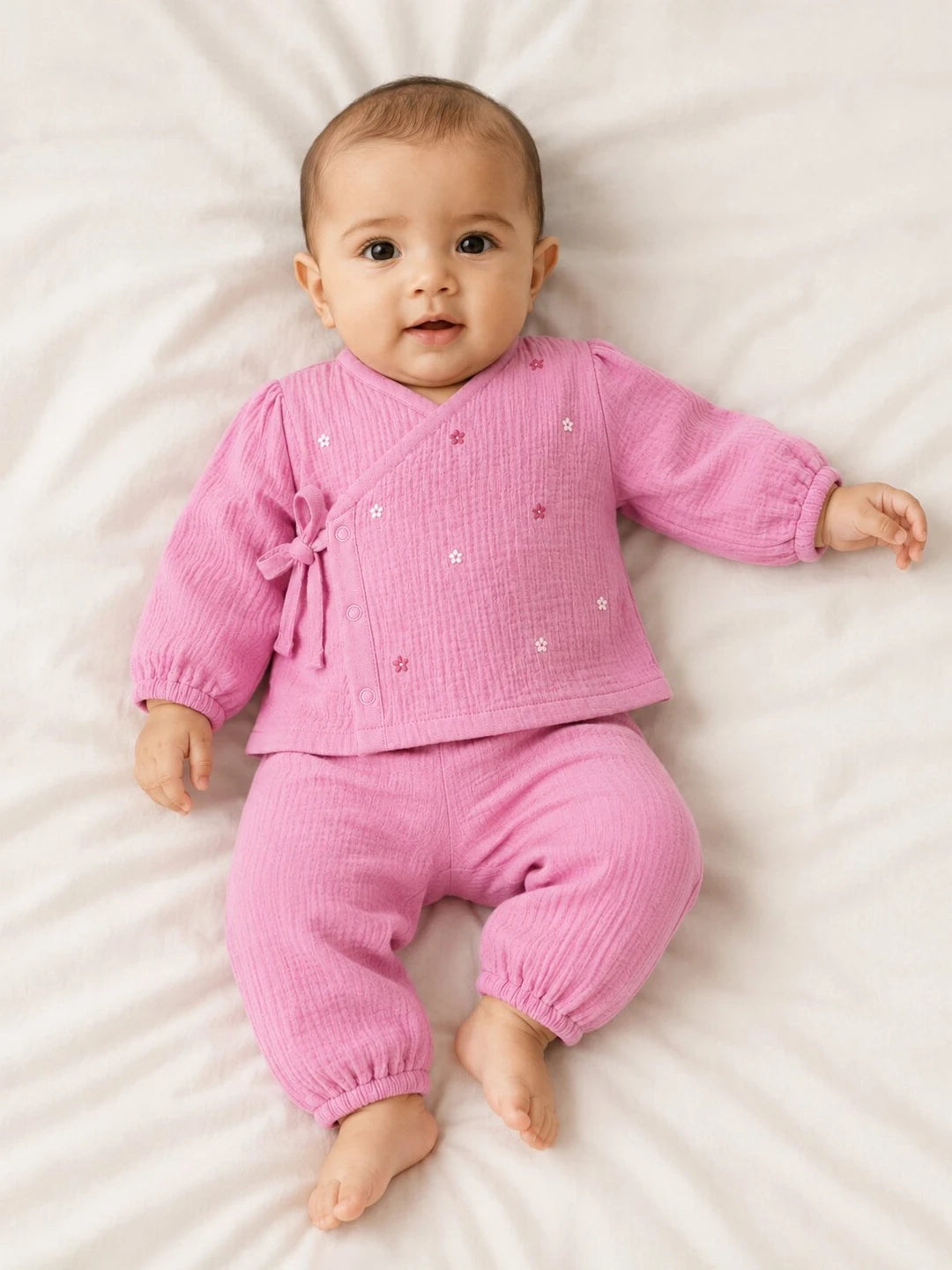 Embroidered Pink Muslin Jhabla Set