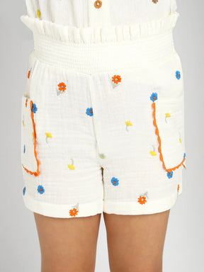 Floral Embroidered Cotton Tie Up Top & Shorts Set