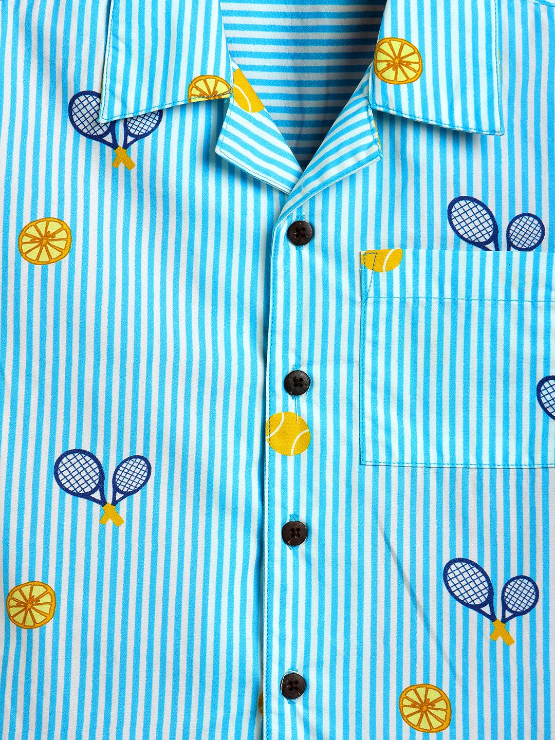 Boys Sky Blue Striped Tennis Print Shirt