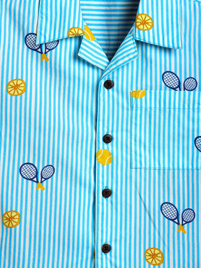 Boys Sky Blue Striped Tennis Print Shirt