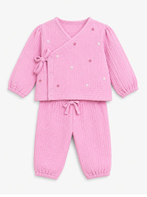 Embroidered Pink Muslin Jhabla Set