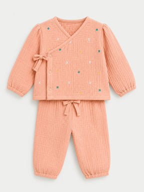 Embroidered Peach Muslin Jhabla Set