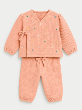 Embroidered Peach Muslin Jhabla Set