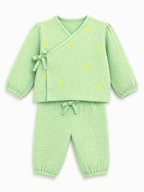Embroidered Green Muslin Jhabla Set