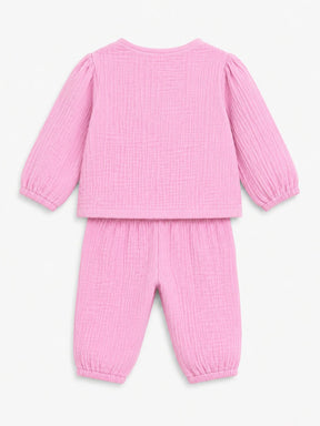 Embroidered Pink Muslin Jhabla Set