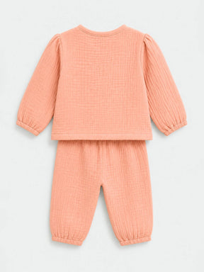 Embroidered Peach Muslin Jhabla Set