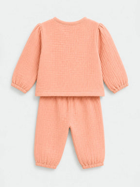 Embroidered Peach Muslin Jhabla Set