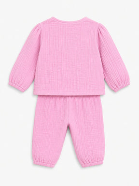 Embroidered Pink Muslin Jhabla Set