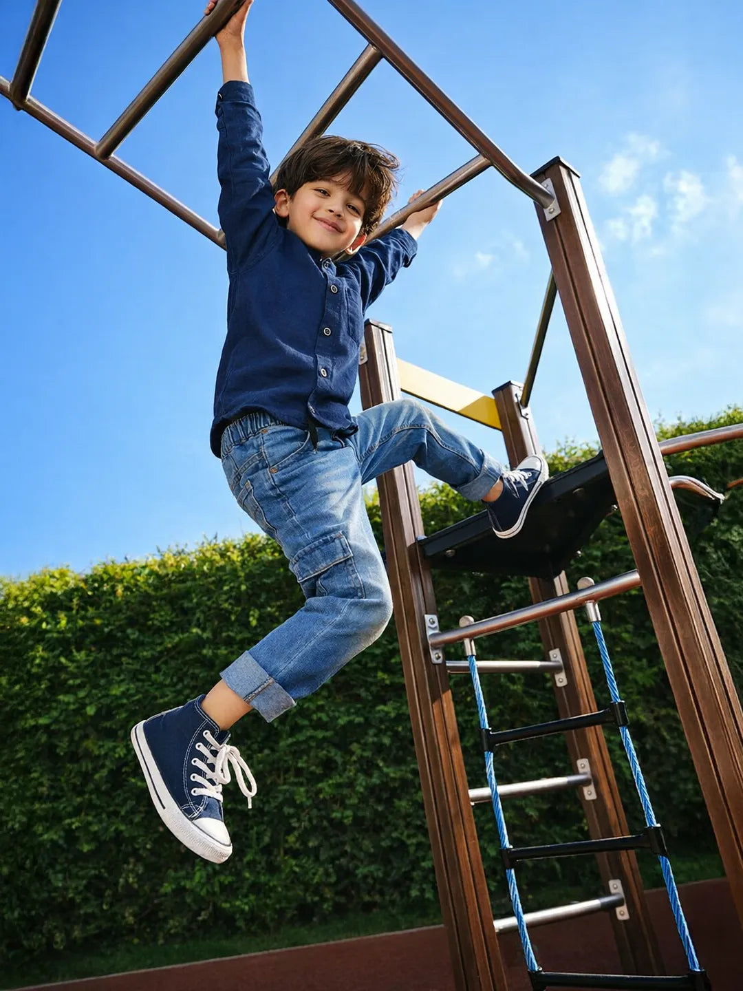 Boys Solid Shirt & Denim Jogger Set