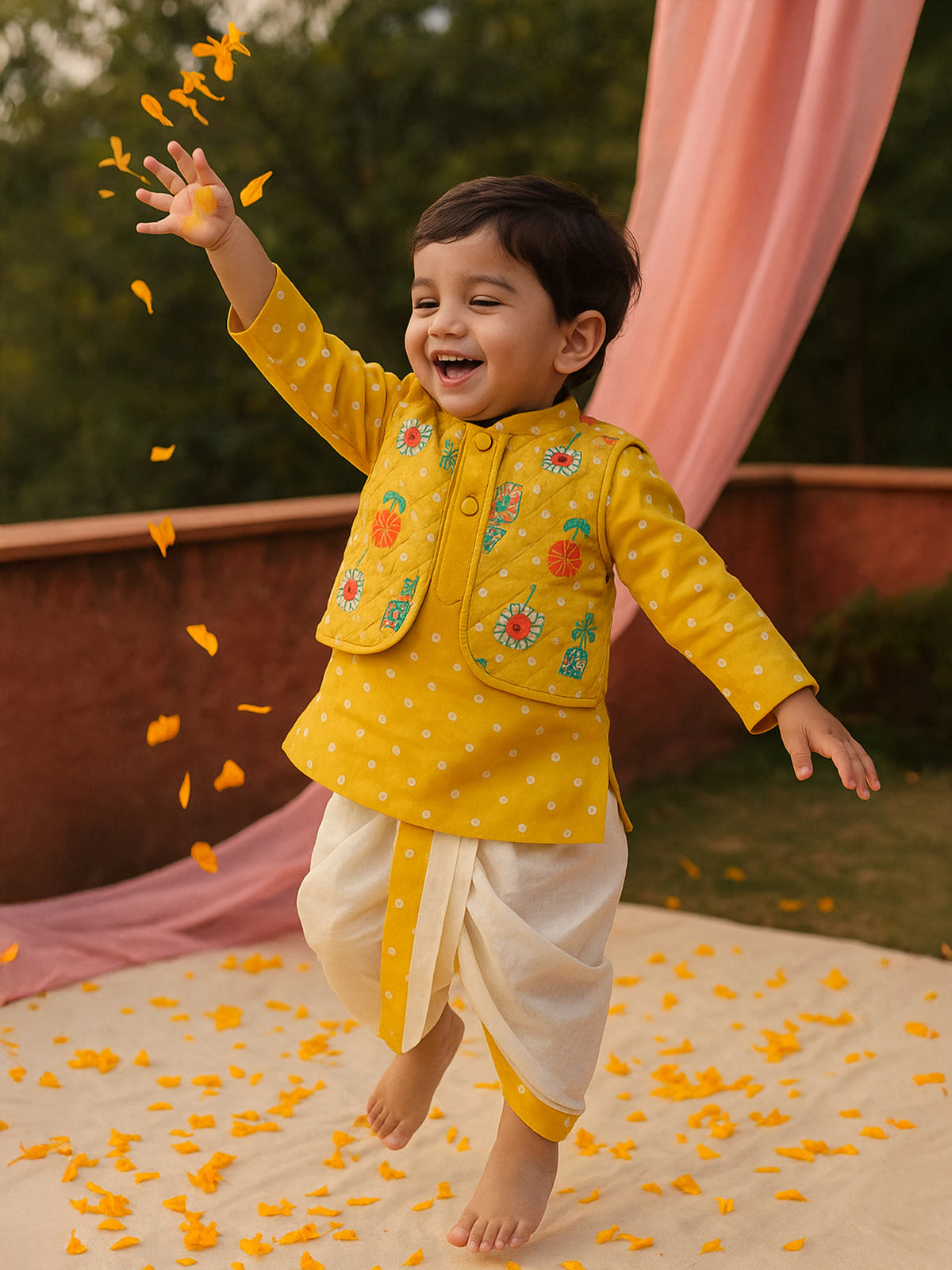 Yellow Quilted Jacket - Kurta Dhoti Set