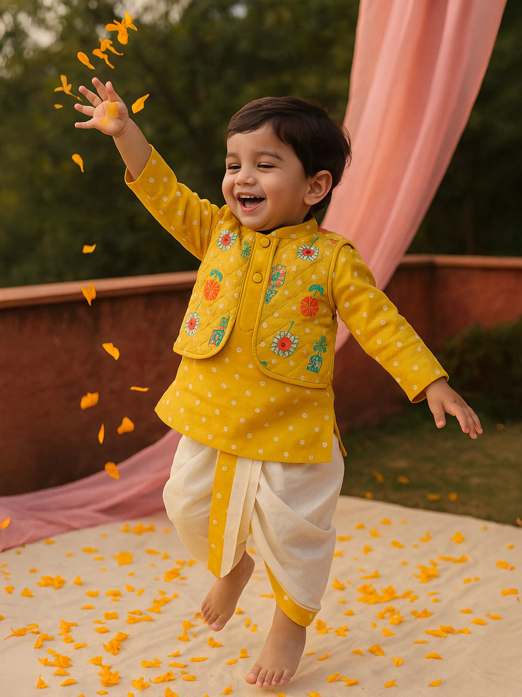 Yellow Quilted Jacket - Kurta Dhoti Set