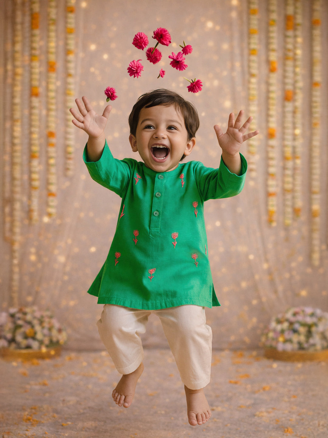 Embroidered Green Cotton Kurta Pajama Set