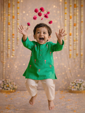 Embroidered Green Cotton Kurta Pajama Set