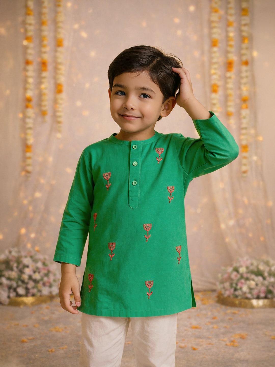 Embroidered Green Cotton Kurta Pajama Set